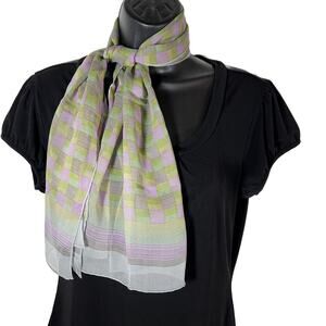 Vintage Echo Scarf, Sheer Green and Purple Plaid, Long Rectangle Retro